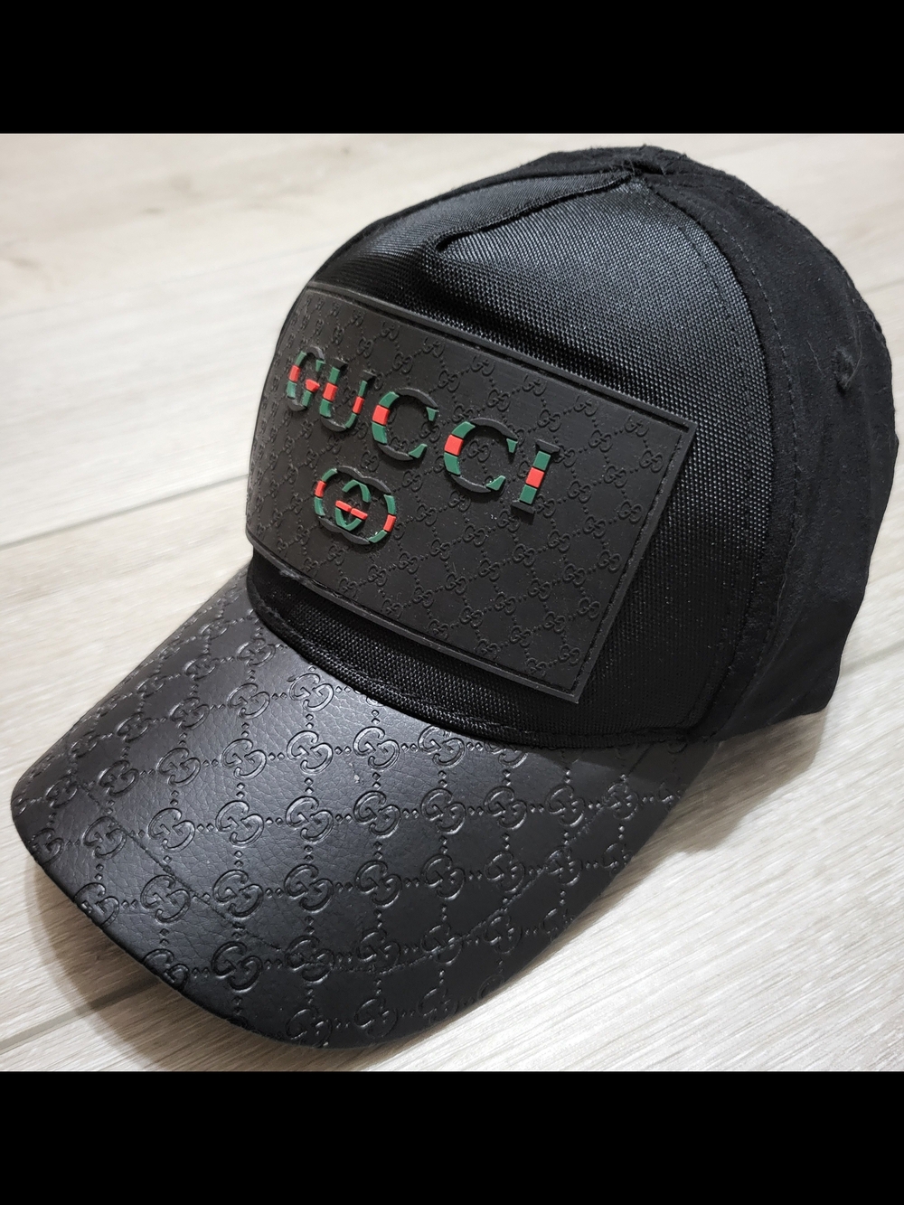 🌀Gucci Monogram Leather Black Baseball Cap